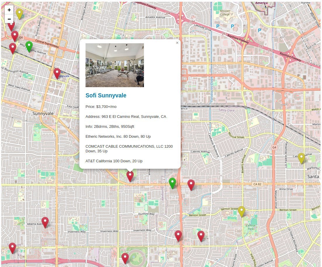 Digital map with markers for apartment locations and a popup showing details of the selected apartment